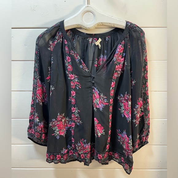 ❣️JOIE Black Floral Silk Blouse - Size L - Picture 1 of 9